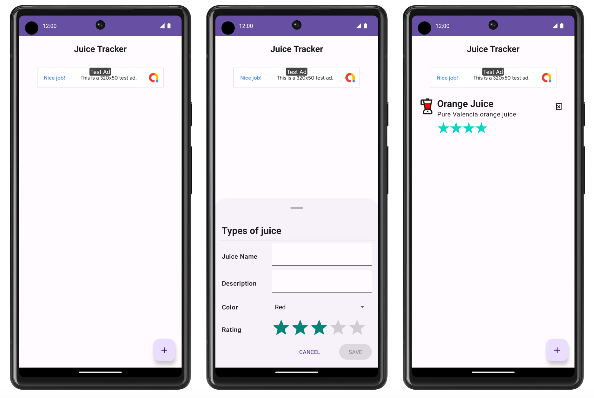Écrans d'application avec l'annonce test, la bottom sheet pour saisir les détails du jus de fruits et le jus d'orange ajouté à la liste.  