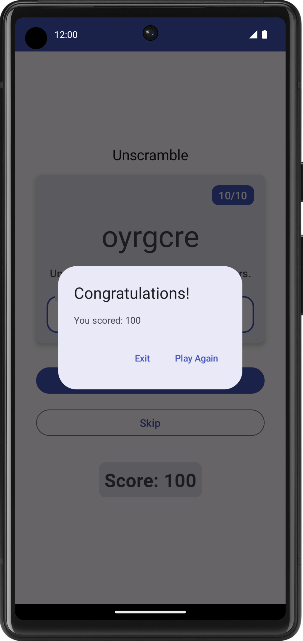 包含恭喜对话框的游戏屏幕,其中显示了最终得分以及用于退出或再玩一次的选项。 c6727347fe0db265.png