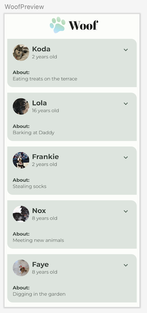 Vista previa de Woof con elementos de lista expandidos