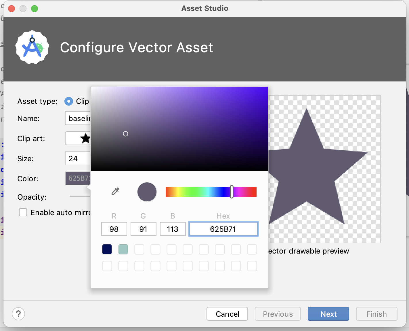 ベクター アセットと色を設定する Asset Studio ダイアログ 