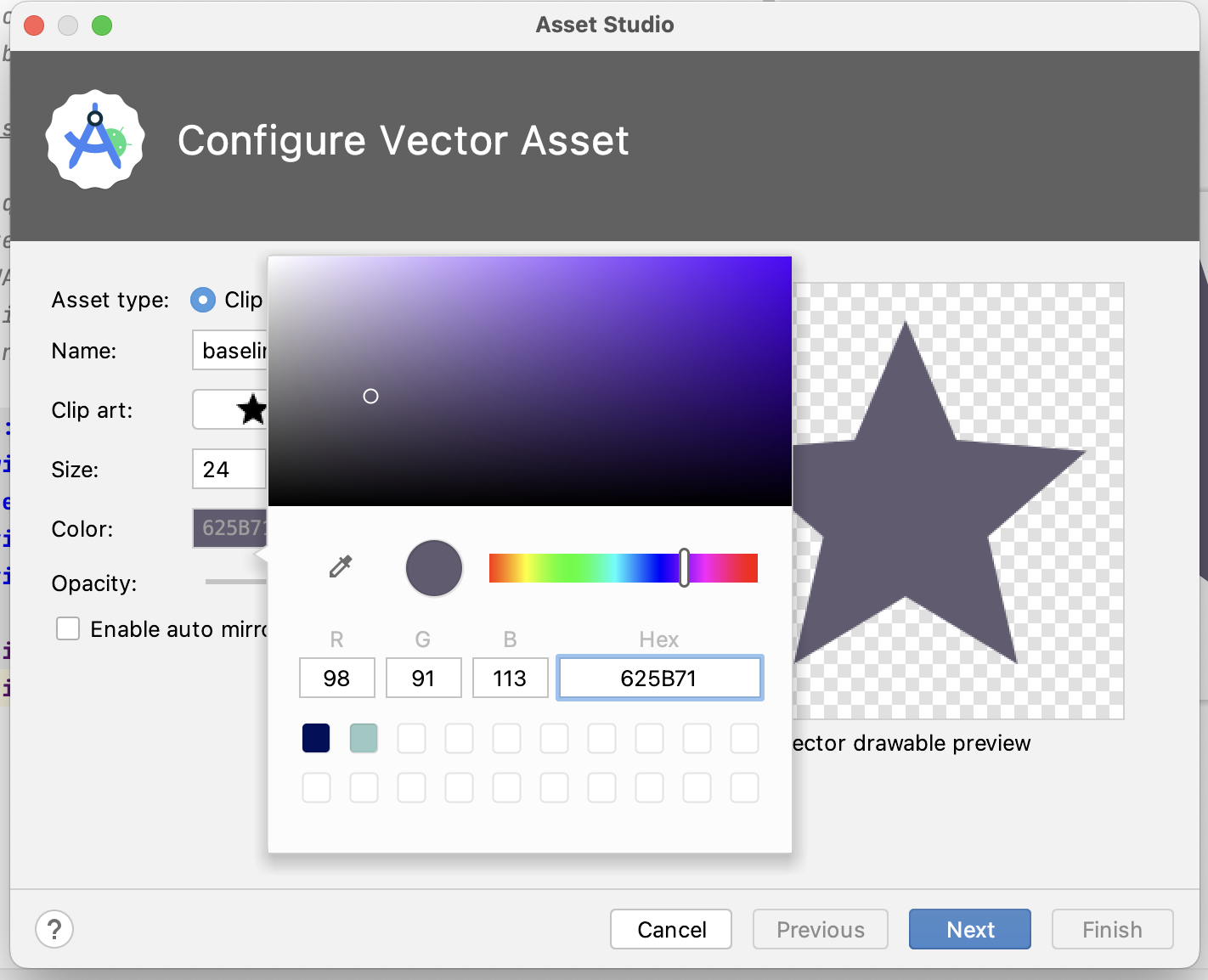 Caixa de diálogo do Asset Studio com a configuração de recursos de vetor e cor 
