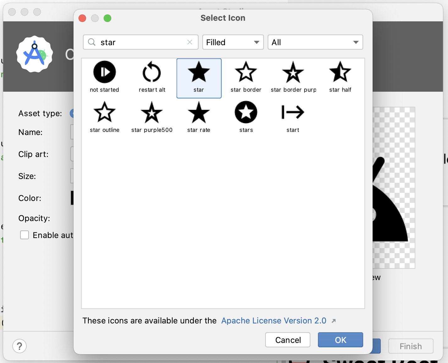 Boîte de dialogue de sélection d'une icône avec une icône d'étoile sélectionnée