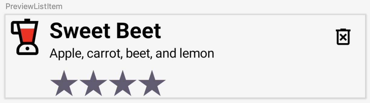 Vista previa del elemento de lista en Android Studio con detalles de jugo de remolacha