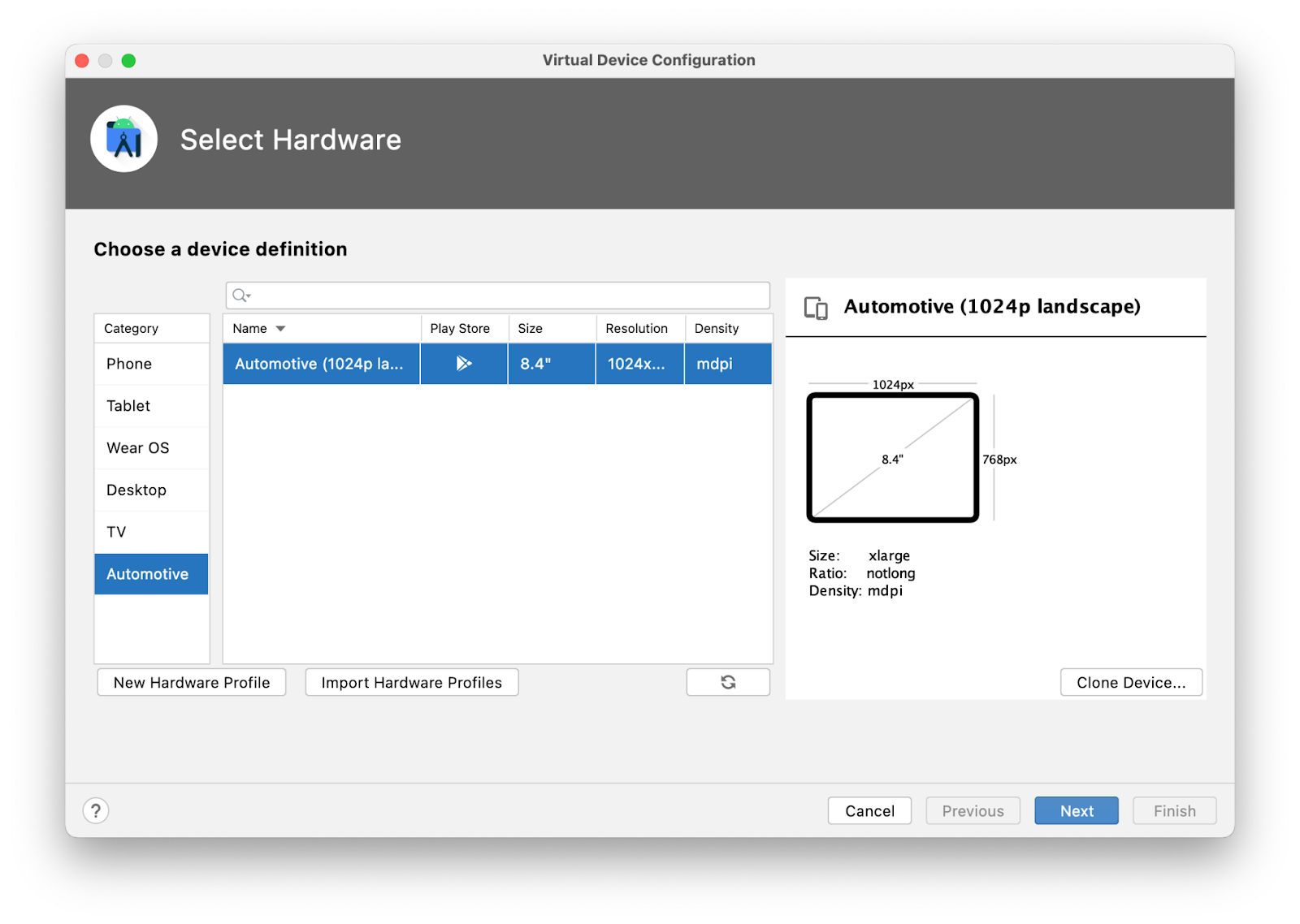 Wizard Konfigurasi Perangkat Virtual menampilkan profil hardware 'Automotive (1024p landscape)' yang dipilih.