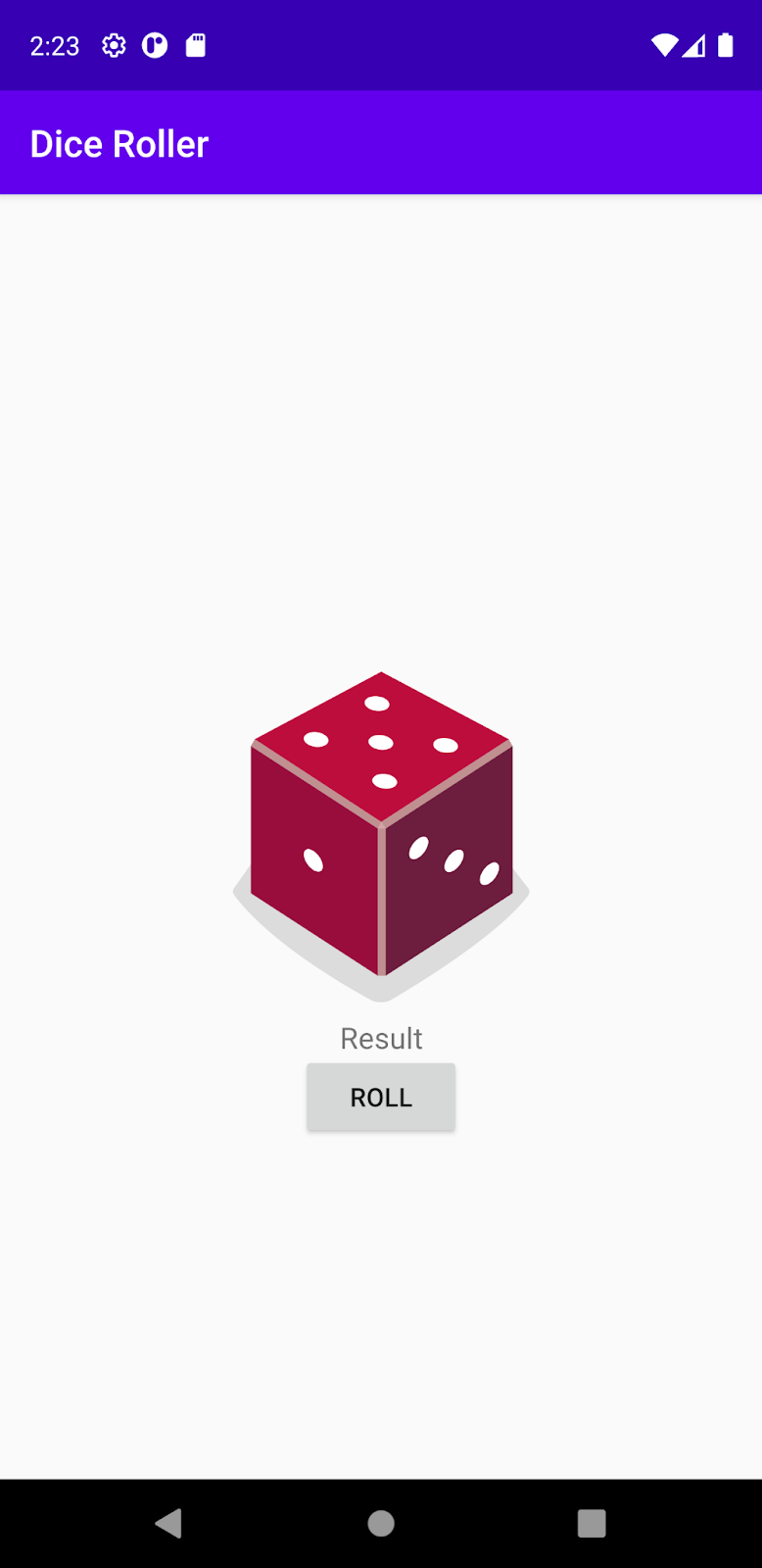 Application DiceRoller avec un espace réservé intitulé "Result" (Résultat)