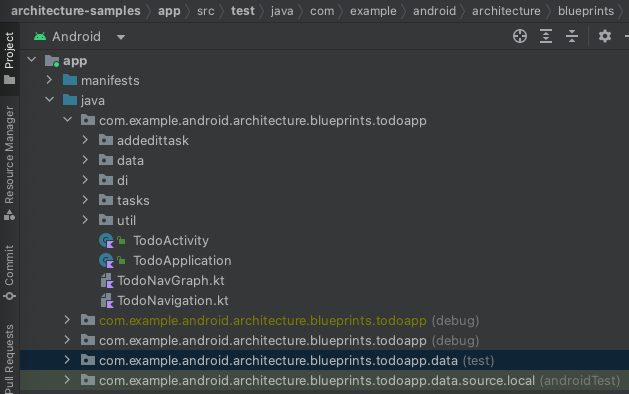 Ventana del explorador de proyectos de Android Studio en la vista de Android.