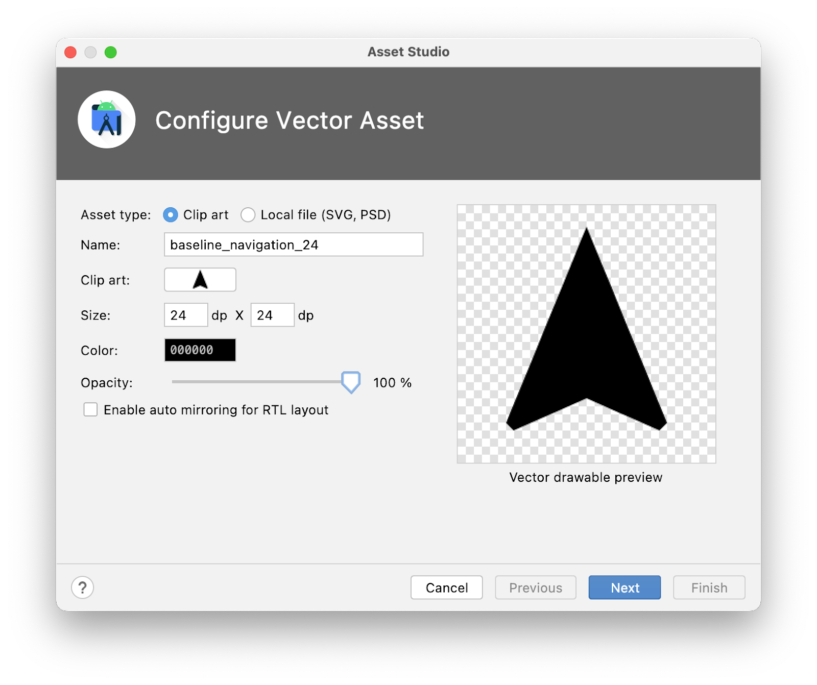 Asset Studio 向导，其中显示了此步骤中列出的输入信息