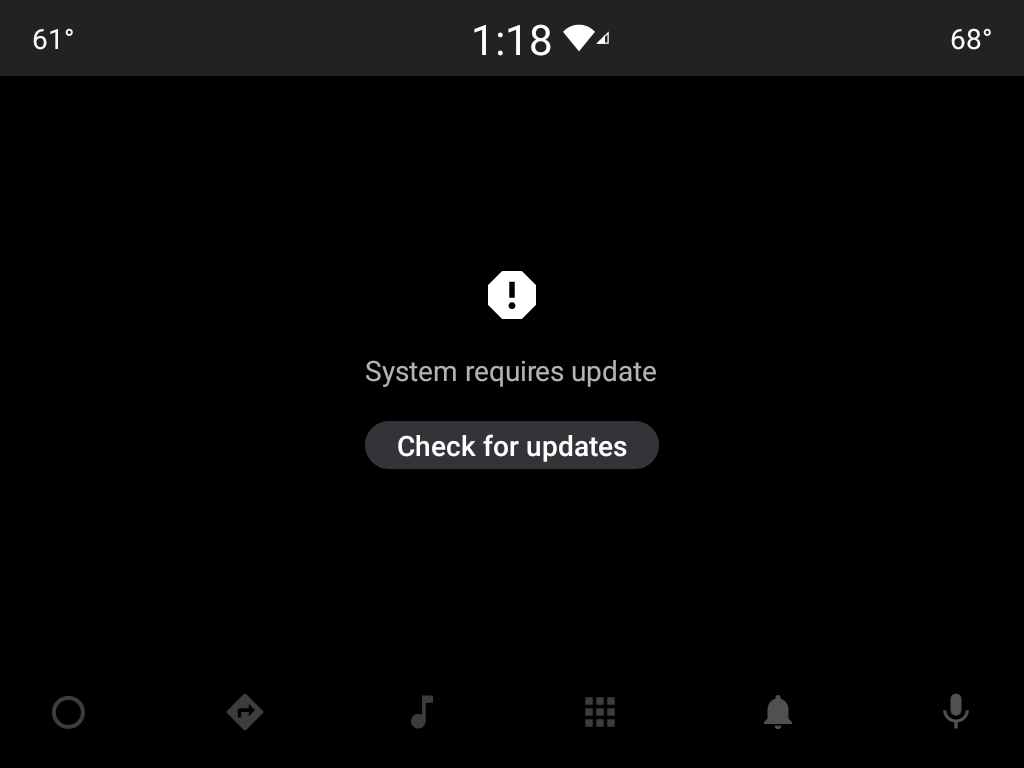 应用在一个屏幕中显示“System update required”，其下方有一个按钮，显示“Check for updates”。