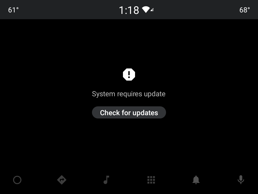 Ứng dụng hiện màn hình có nội dung &quot;System update required&quot; (&quot;Yêu cầu cập nhật hệ thống&quot;) với nút có nội dung &quot;Check for updates&quot; (&quot;Kiểm tra bản cập nhật&quot;) ở bên dưới.