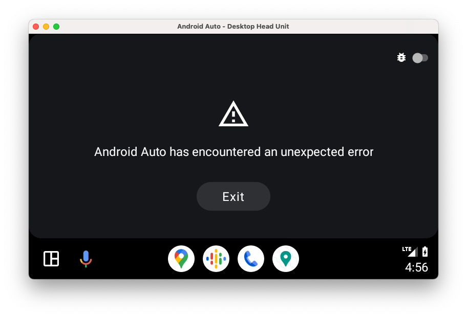 出现了一个错误屏幕，其中显示“Android Auto has encountered an unexpected error”消息。屏幕右上角有一个调试开关。