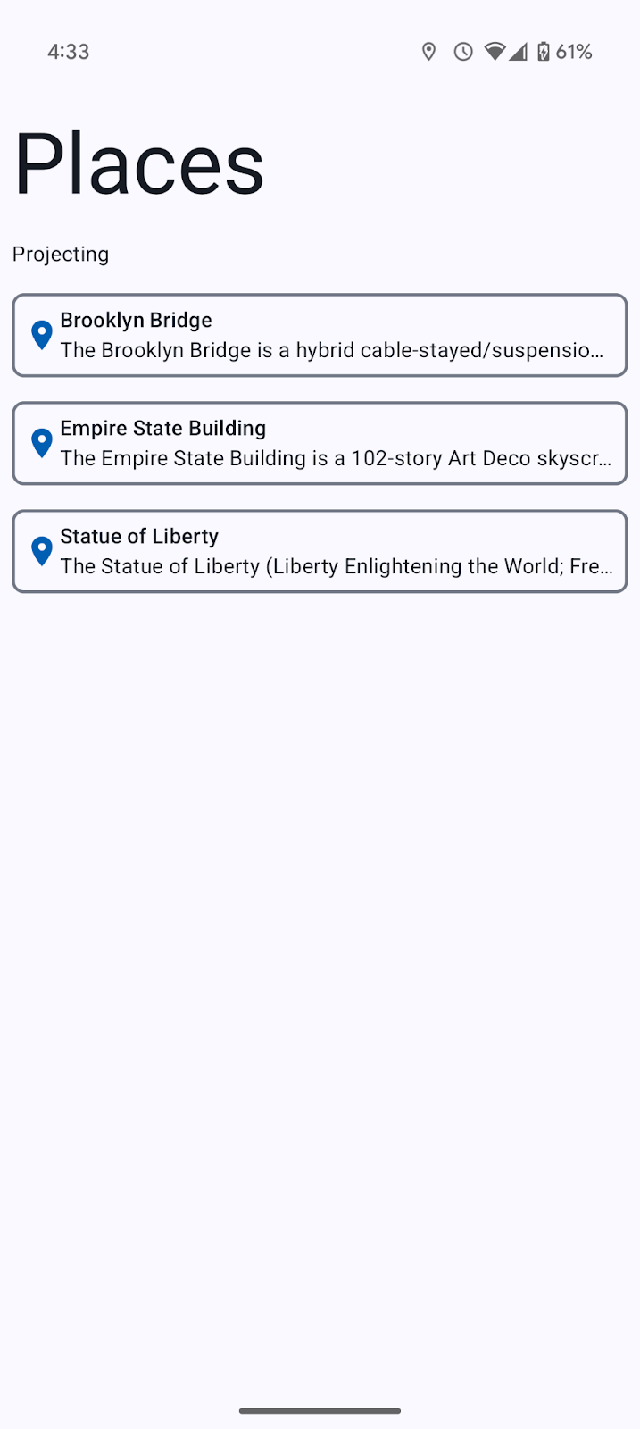 由于手机已连接到 DHU，因此显示投影状态的文本行现在显示“Projecting”。