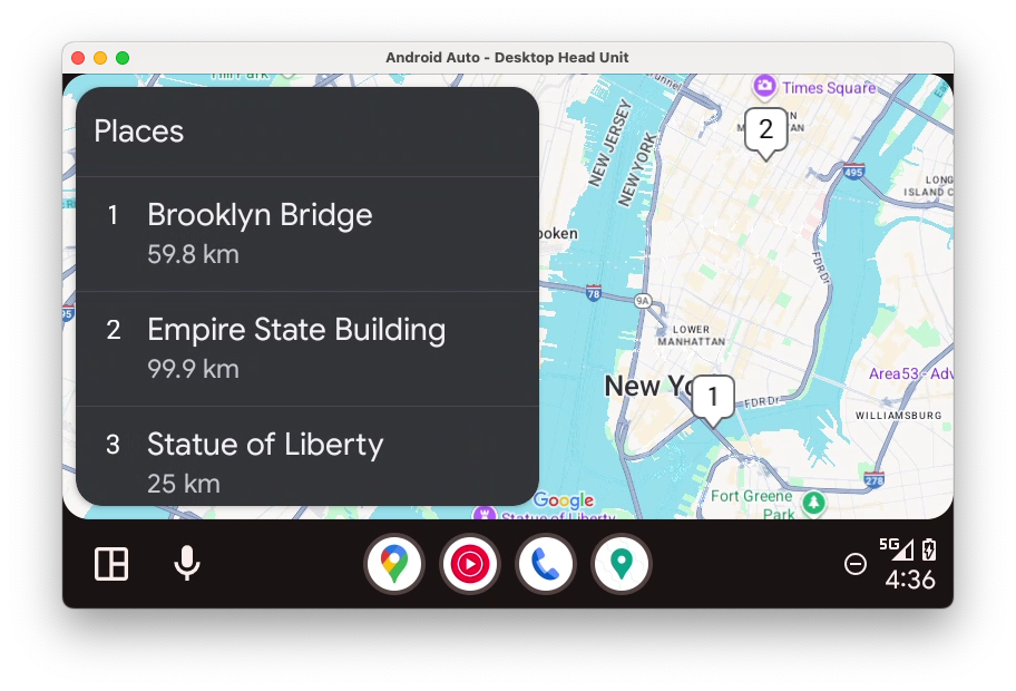 屏幕左侧显示地点列表，列表后面是一幅地图，地图覆盖了屏幕的其余部分，而且地图中用图钉标示出了对应地点。