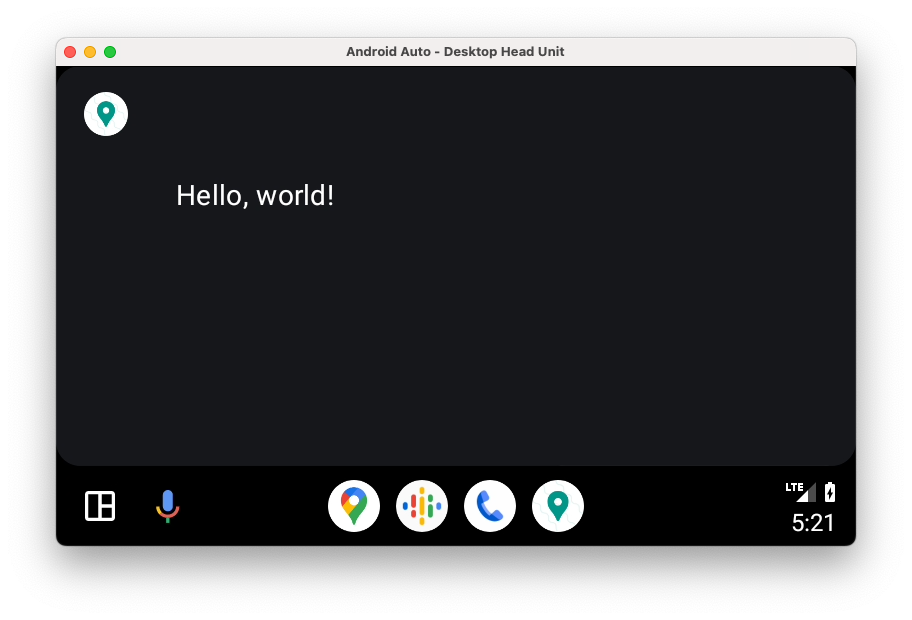 The app shows a basic 'Hello, world' screen