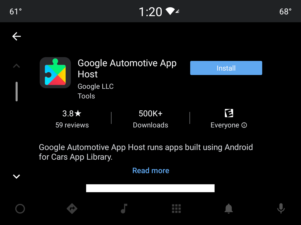 Google Automotive App Host Play 商店页面 - 右上角有一个“Install”按钮。