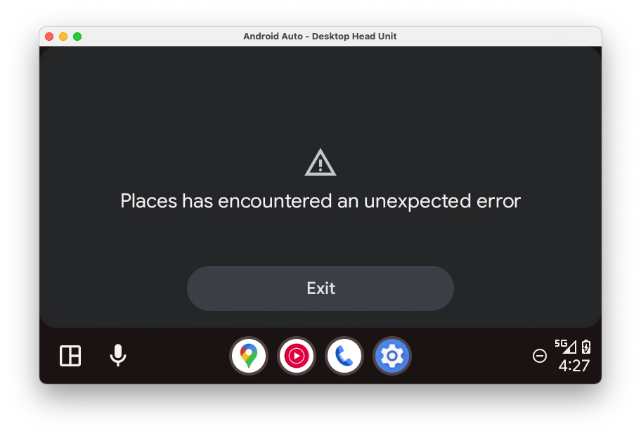 出现了一个错误屏幕，其中显示“Android Auto has encountered an unexpected error”消息。屏幕右上角有一个调试开关。