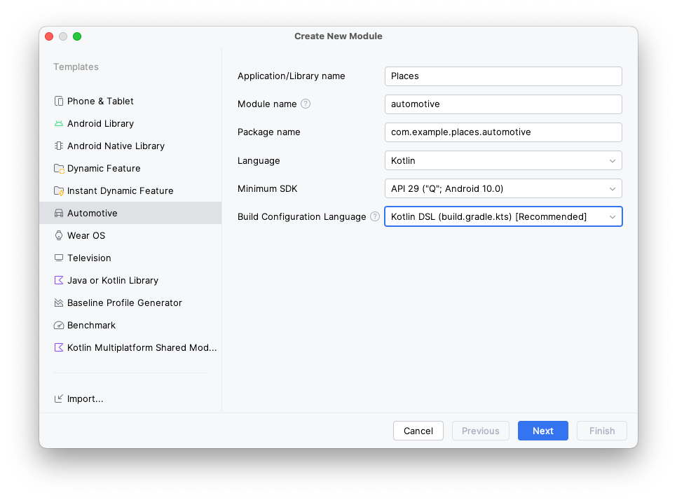 Android Automotive OS 模块的 Create New Module 向导，其中了显示此步骤中列出的值。