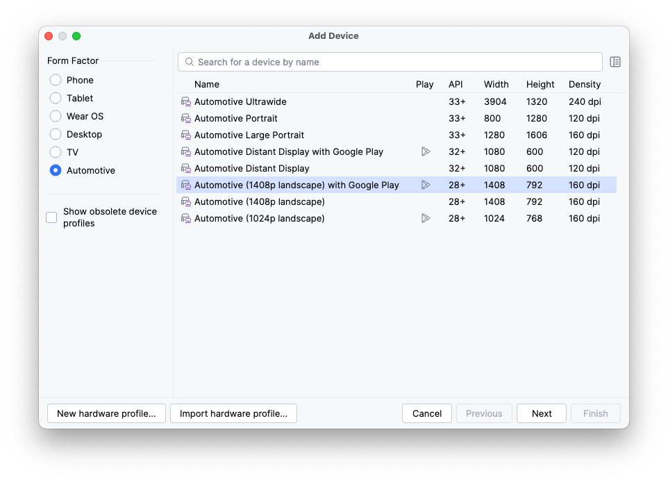 Virtual Device Configuration 向导，其中显示已选中“Automotive (1024p landscape)”硬件配置文件。