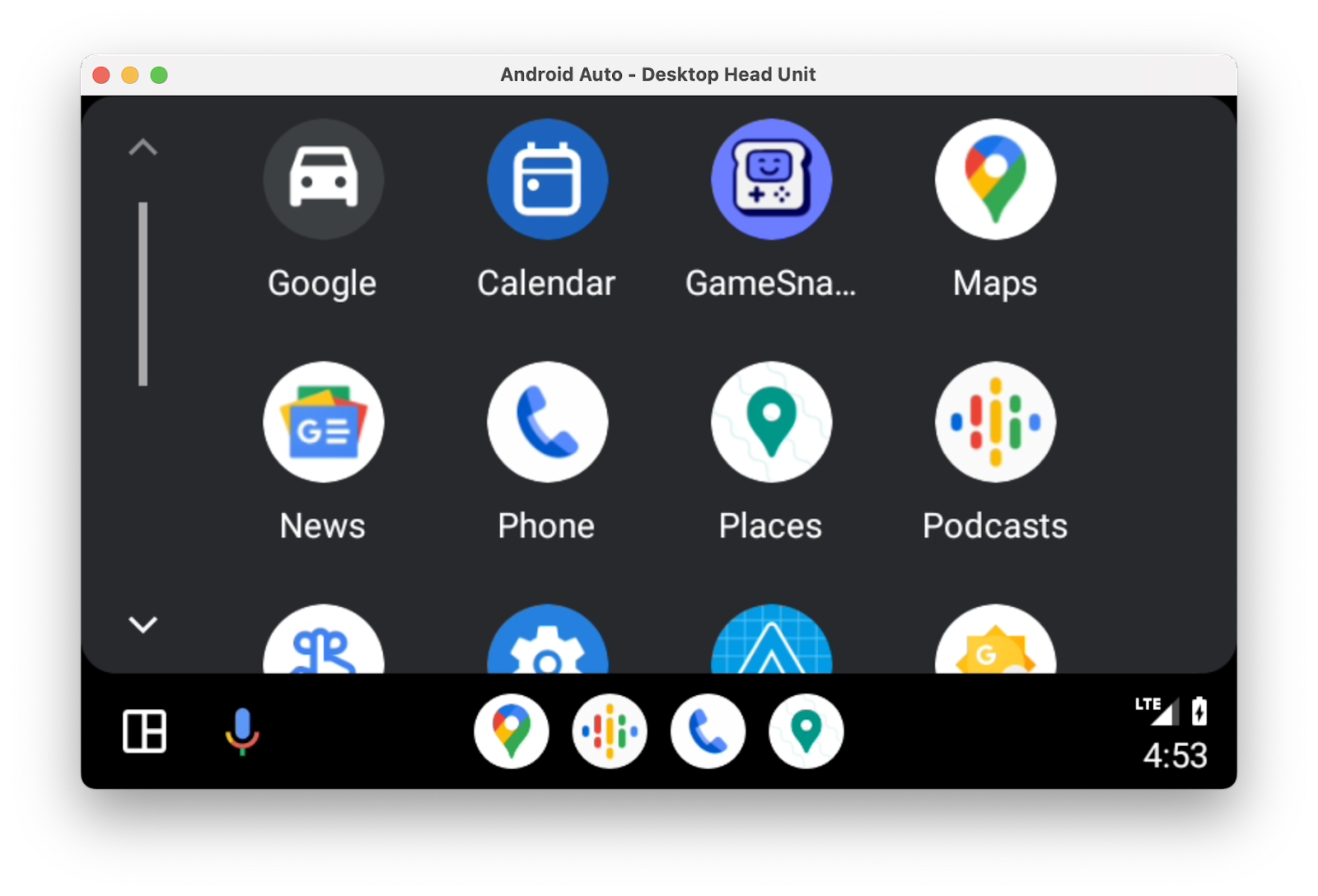 Android Auto 启动器，其中显示了应用网格，包括 Places 应用。