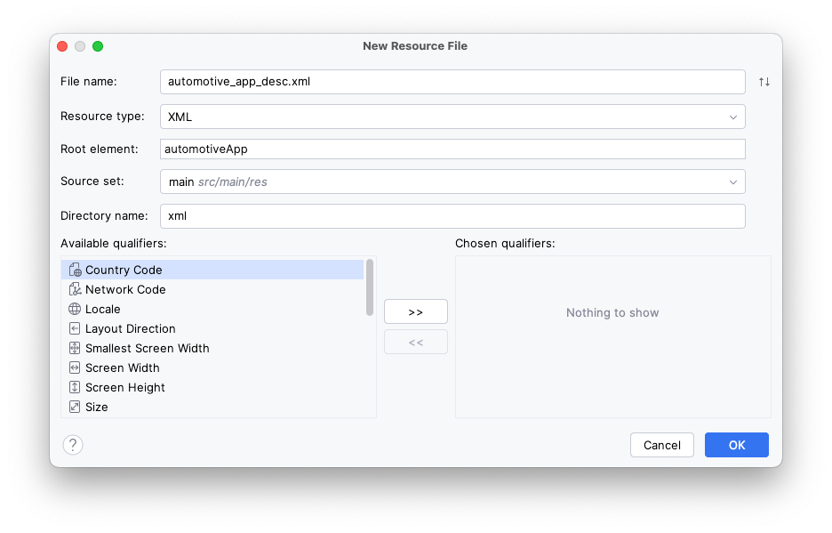 New Resource File 向导，其中设置了此步骤中所述的值。