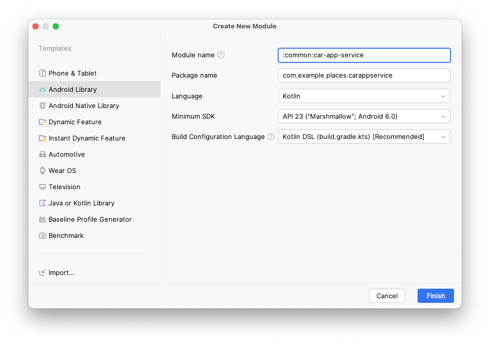 Asistente Create New Module con los valores configurados como se describe en este paso 
