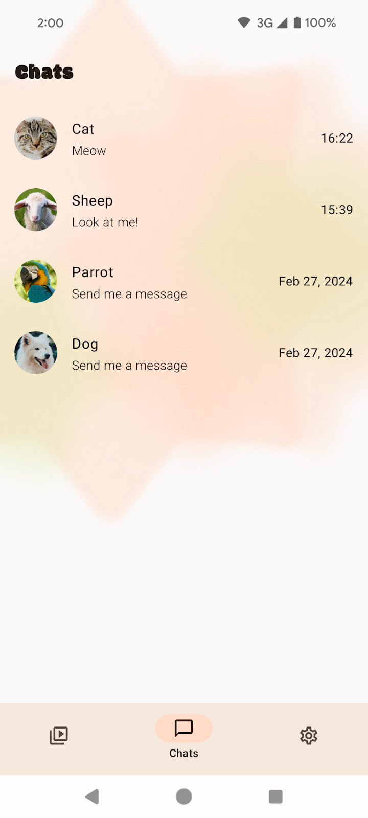 三按鈕操作模式下的「Chats」畫面。