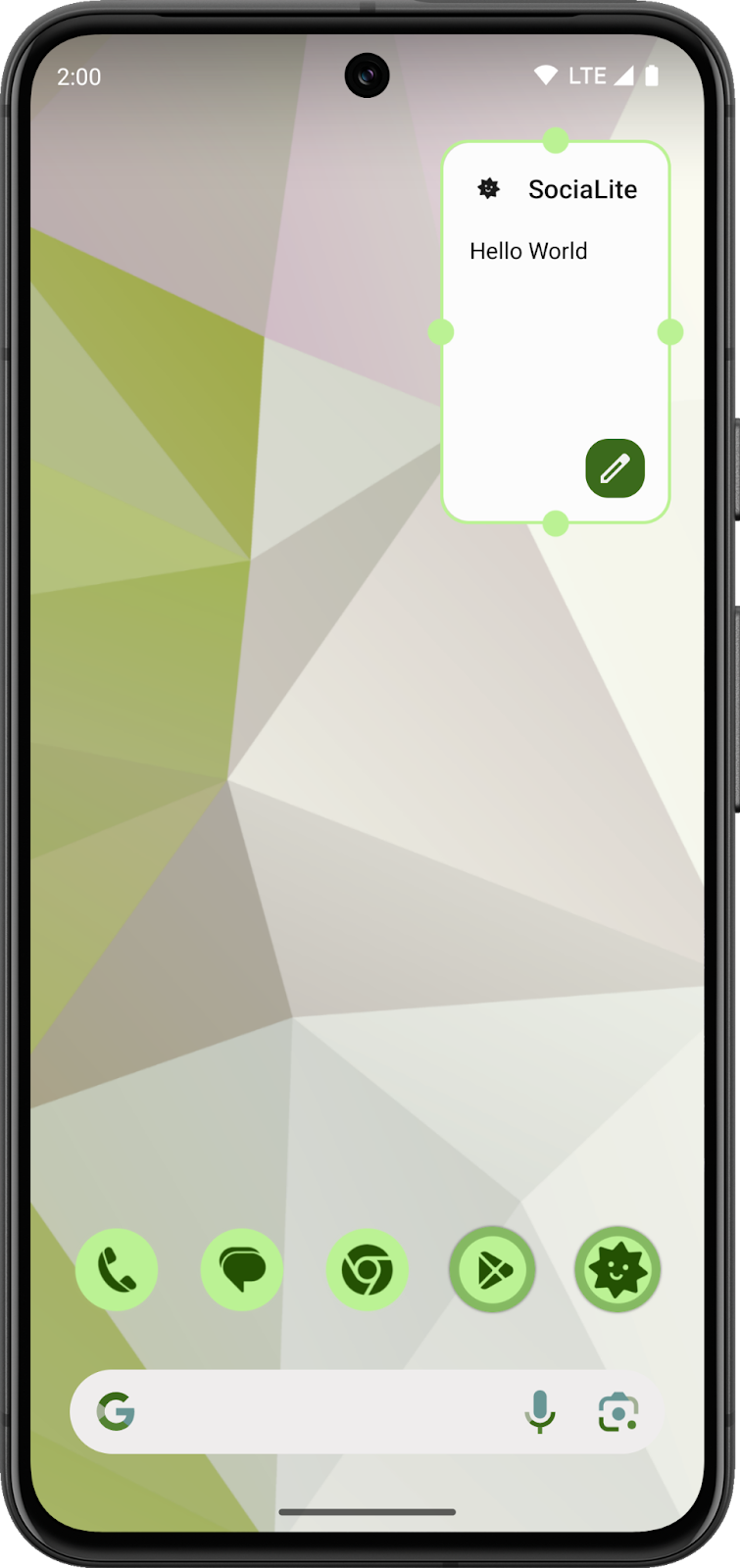 一个 Android 主屏幕，其中显示尚处于开发阶段的 widget。该 widget 具有不透明背景和标题