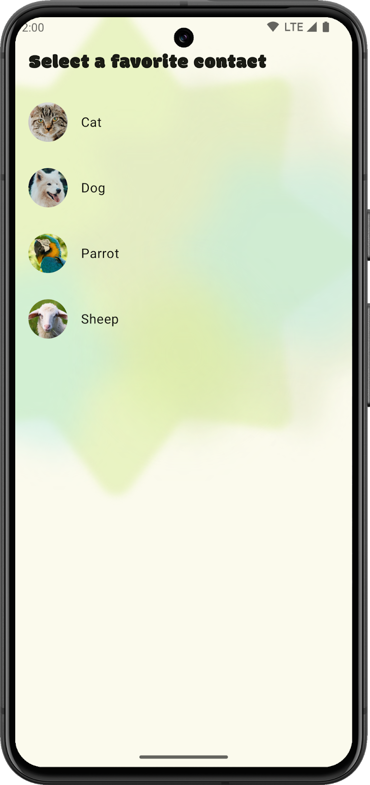 SociaLite AppWidget 配置 activity，显示了 4 个可供选择的联系人。