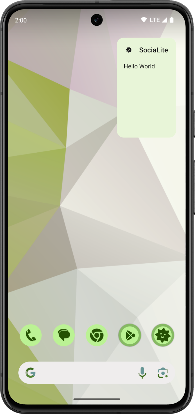 一个以浅色主题显示“Hello World”widget 的 Android 主屏幕