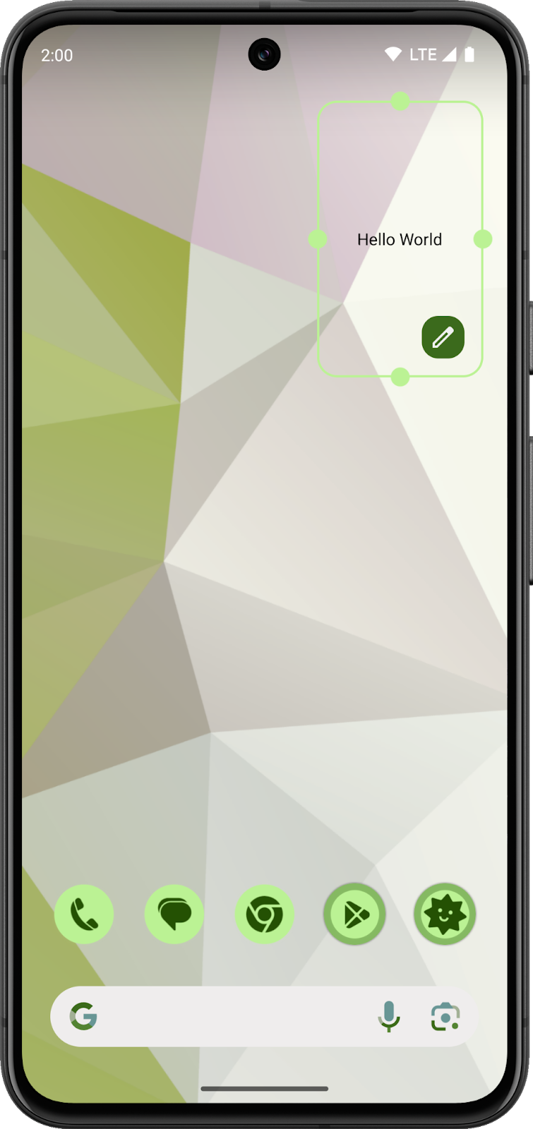 一个 Android 主屏幕，其中显示尚处于开发阶段的 widget。这个 widget 是透明的，且会显示消息