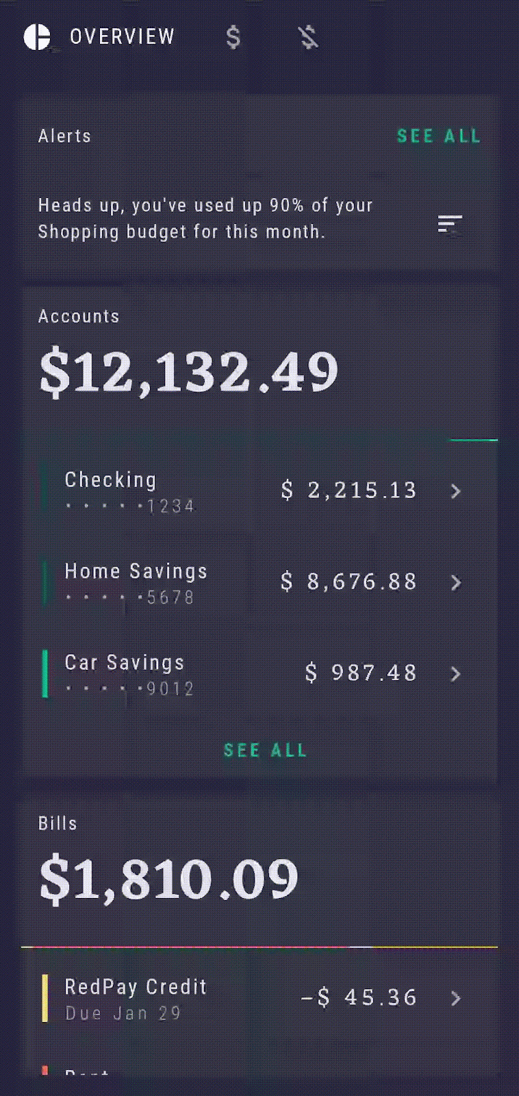 Overview screen without hooked up SEE ALL buttons Screen recording of the overview screen, scrolling to eventual click destinations, and attempting to click. Clicks don't work as they aren't implemented yet.