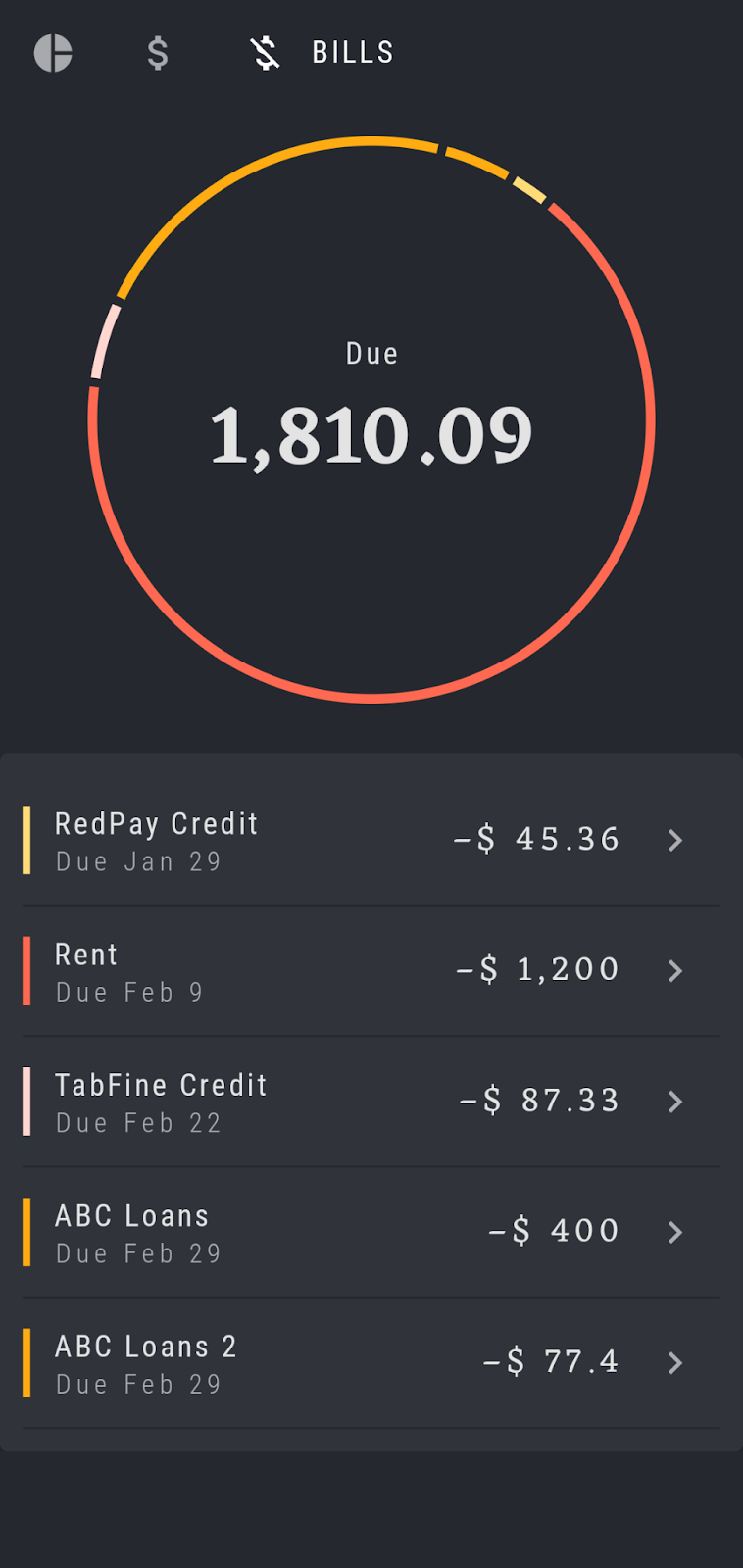 Bills Screen Screenshot of the Bills Screen, containing information on several outgoing bills.
