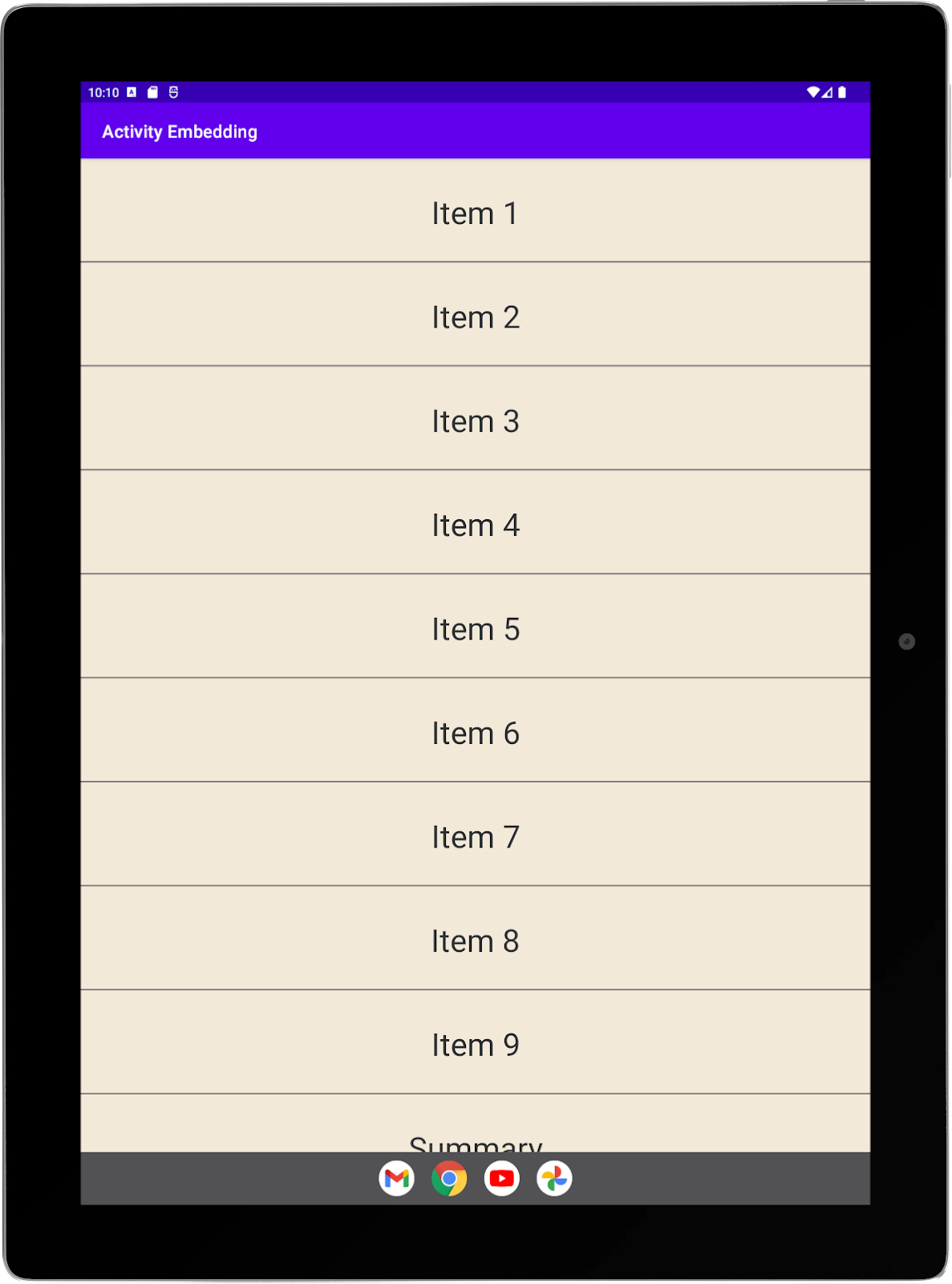 Tablet grande com o app de exemplo em execução na orientação retrato. Liste as atividades em tela cheia.