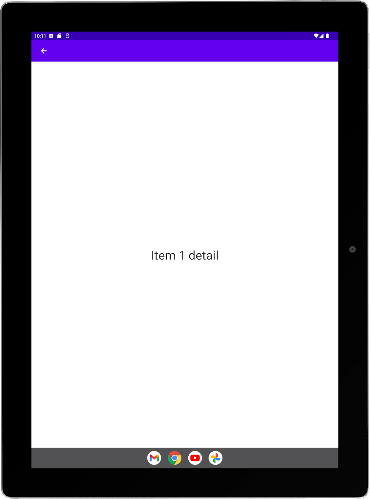 세로 방향으로 샘플 앱이 실행 중인 대형 태블릿. 세부정보 활동 전체 화면.