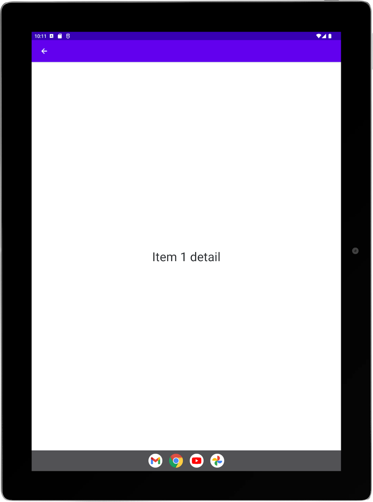 세로 방향으로 샘플 앱이 실행 중인 대형 태블릿. 세부정보 활동 전체 화면.
