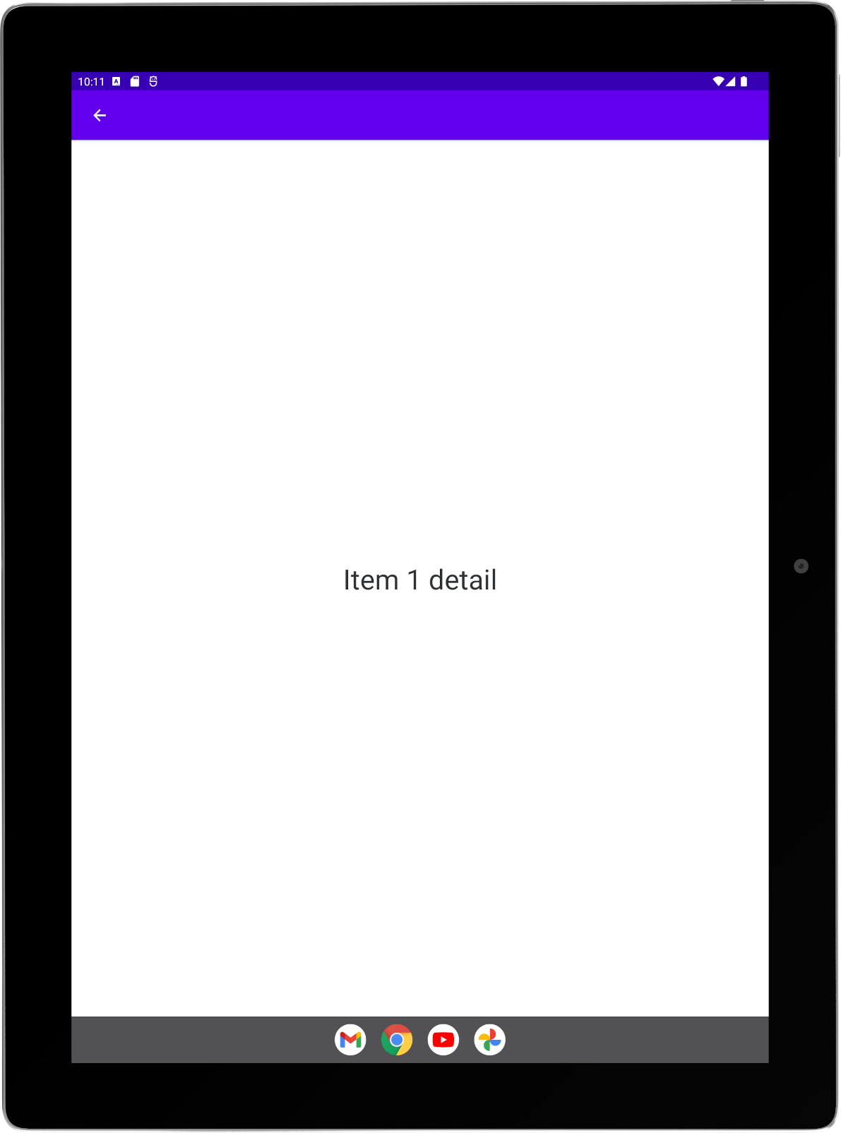 Tablet grande com o app de exemplo em execução na orientação retrato. Atividade de detalhes em tela cheia.