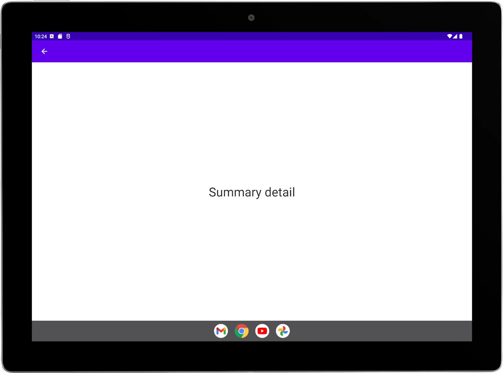 Tablet grande con la app de ejemplo ejecutándose en orientación horizontal. Pantalla completa de la actividad de resumen.