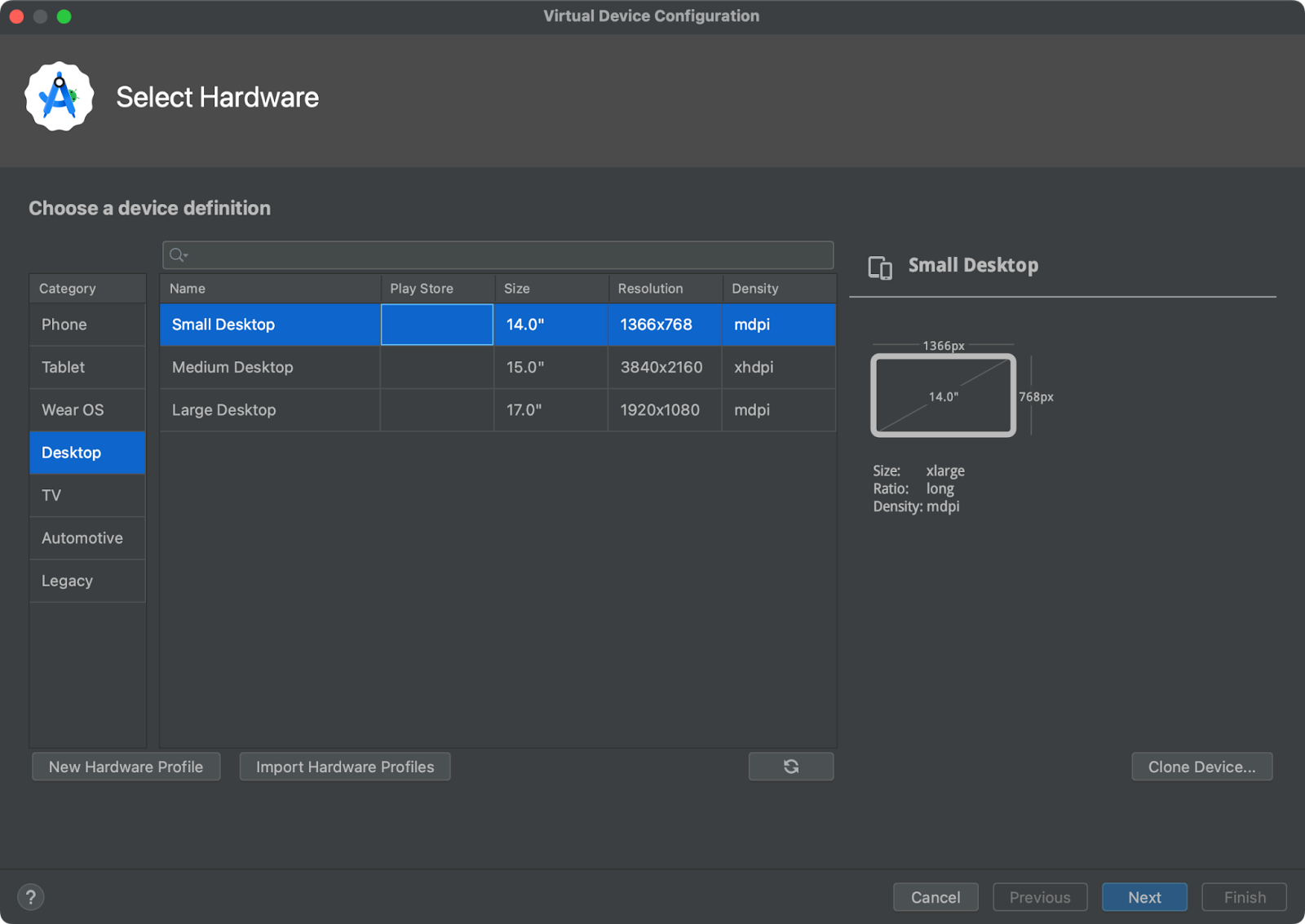 Dispositivos virtuais na categoria Desktop