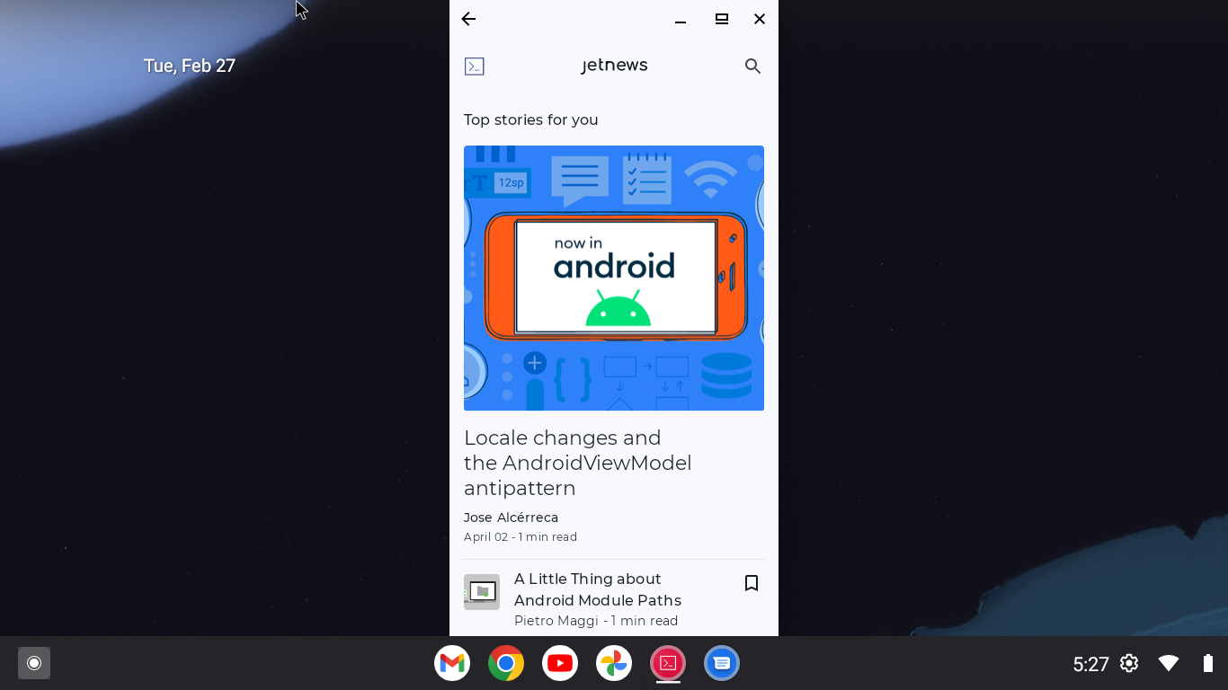L&#39;application s&#39;exécute sur un émulateur d&#39;ordinateur de bureau dans une fenêtre compacte. La liste des articles s&#39;affiche.
