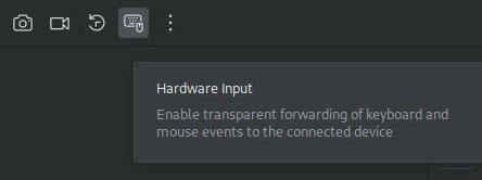Le mode "Hardware Input" (Saisie matérielle) est activé dans la fenêtre "Running Devices" (Appareils en cours d'exécution). 