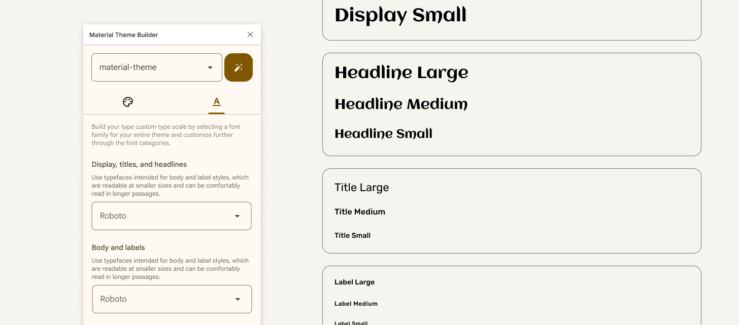 Material Theme Builder 的字体主题设置标签页。