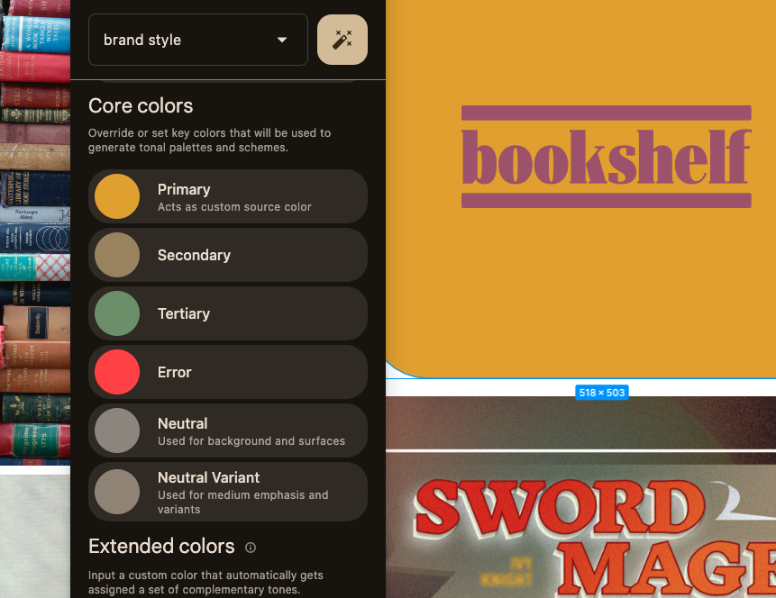 Material Theme Builder dengan input warna inti diisi dari warna sumber primer.