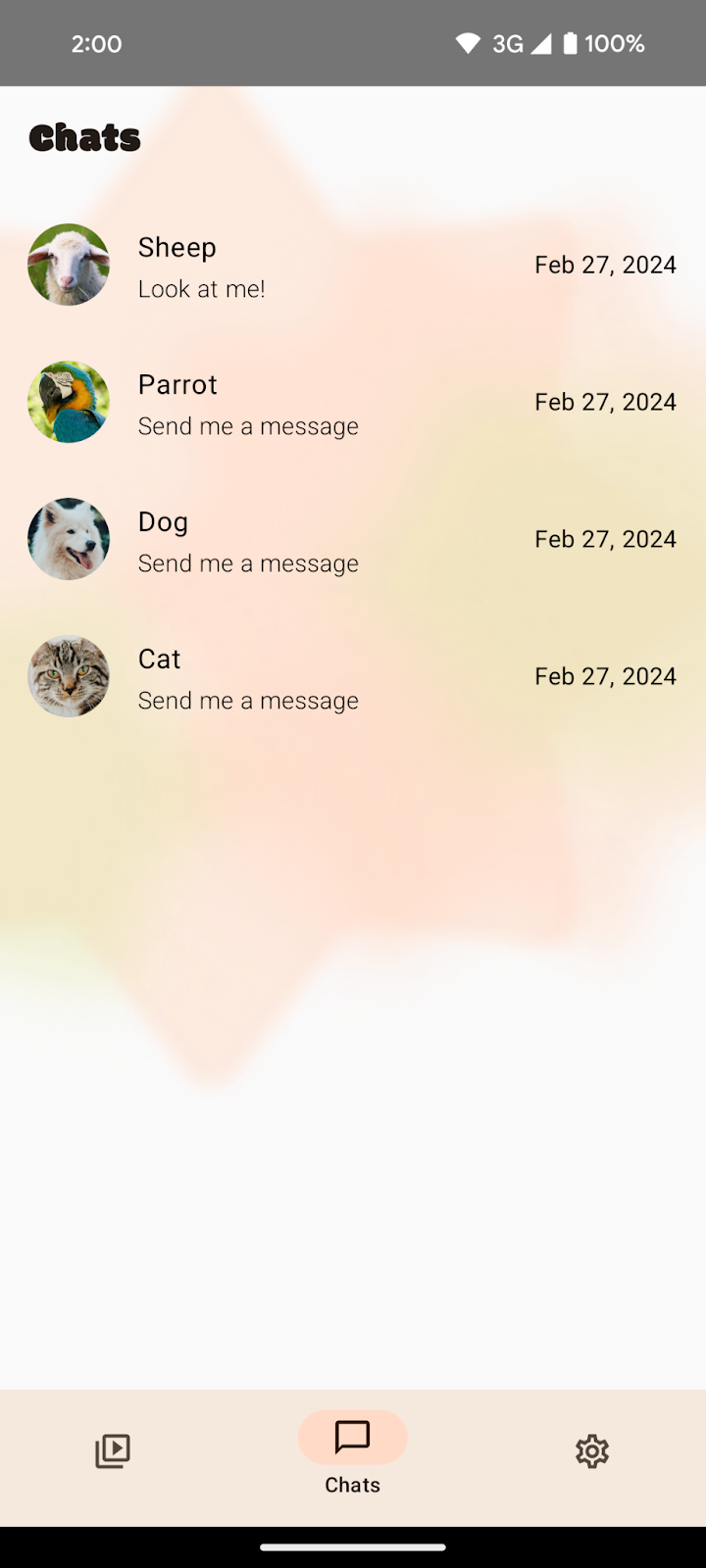 SocialLite 應用程式的「Chats」畫面。