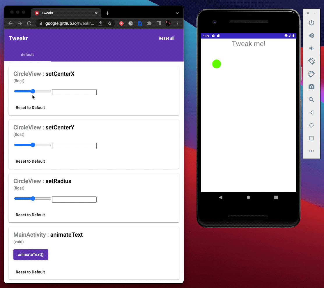 Tweakr website with sliders for circleRadius, x, y next to an android phone emulator with the app running. Sliding the sliders moves the circle and changes its size in the emulator 80e03628ec47917c.gif