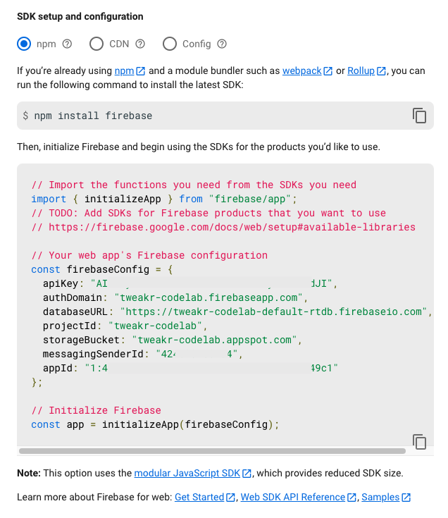 SDK Setup and configuration options screenshot, with firebaseConfig code c4f2e17447f8442c.png