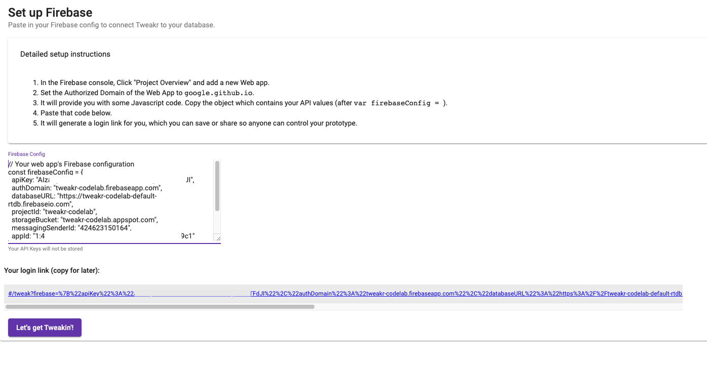 Set up firebase tweakr screenshot, with Lets get tweakin button. The firebaseConfig code is pasted into the text field e8a19d25f923a76f.png