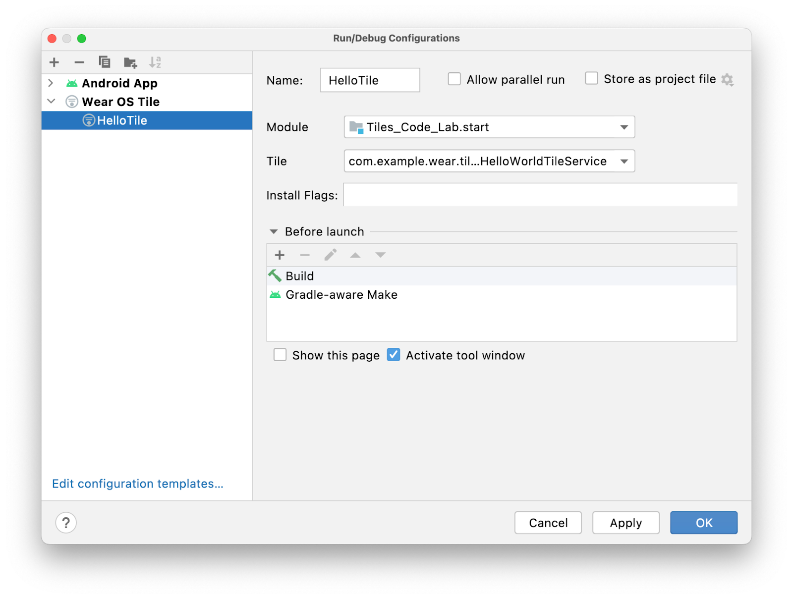 Menu de modification de la configuration avec une carte Wear OS appelée HelloTile en cours de configuration.