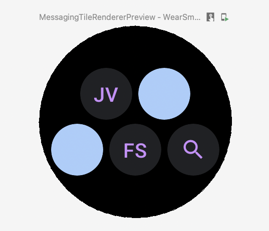 Aperçu d'une carte avec cinq boutons dans une pyramide de type 2x3. Les deuxième et troisième boutons sont des cercles bleus indiquant des images manquantes.