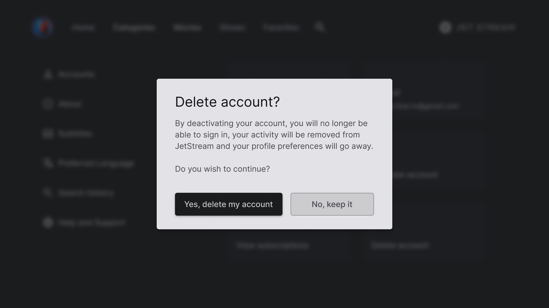 Delete account dialog