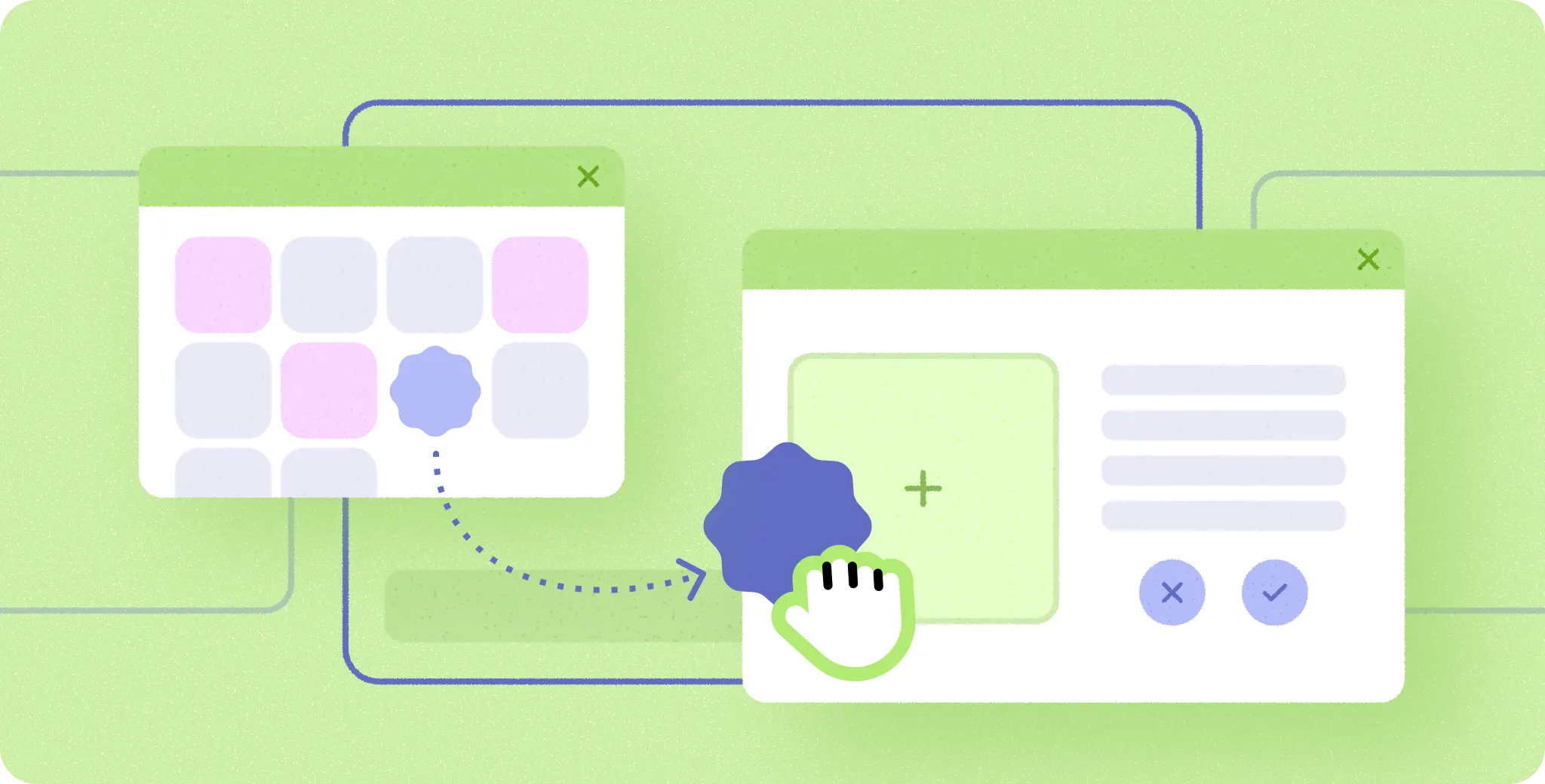 Illustration of a user dragging an item from one free-form app window and dropping it into another window.