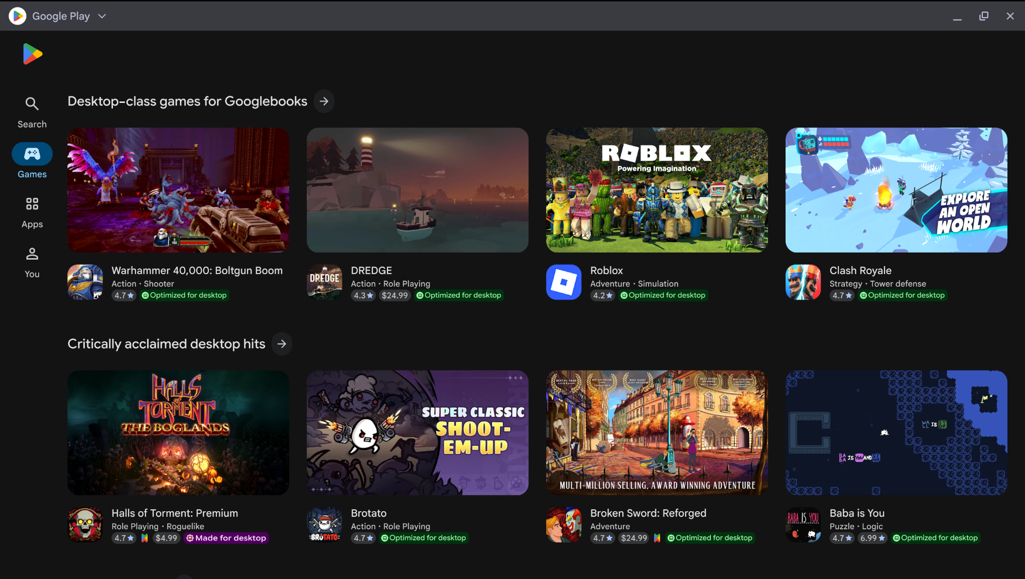 Google Play storefront showing collections of apps and games with Optimized for desktop badges.
